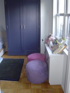 Blue Armoire and poufs 225